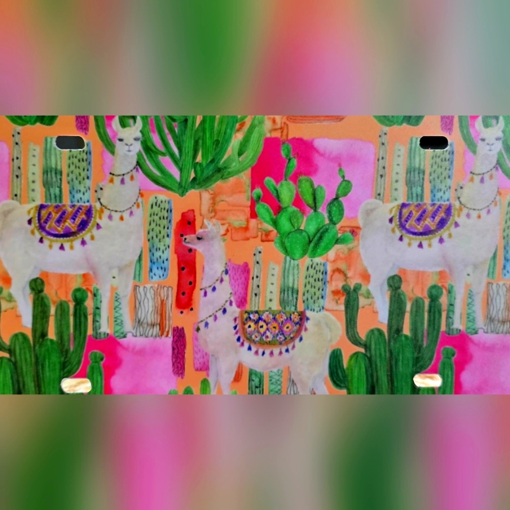 Colorful Llama and Cactus Print License Plate Cover  0026